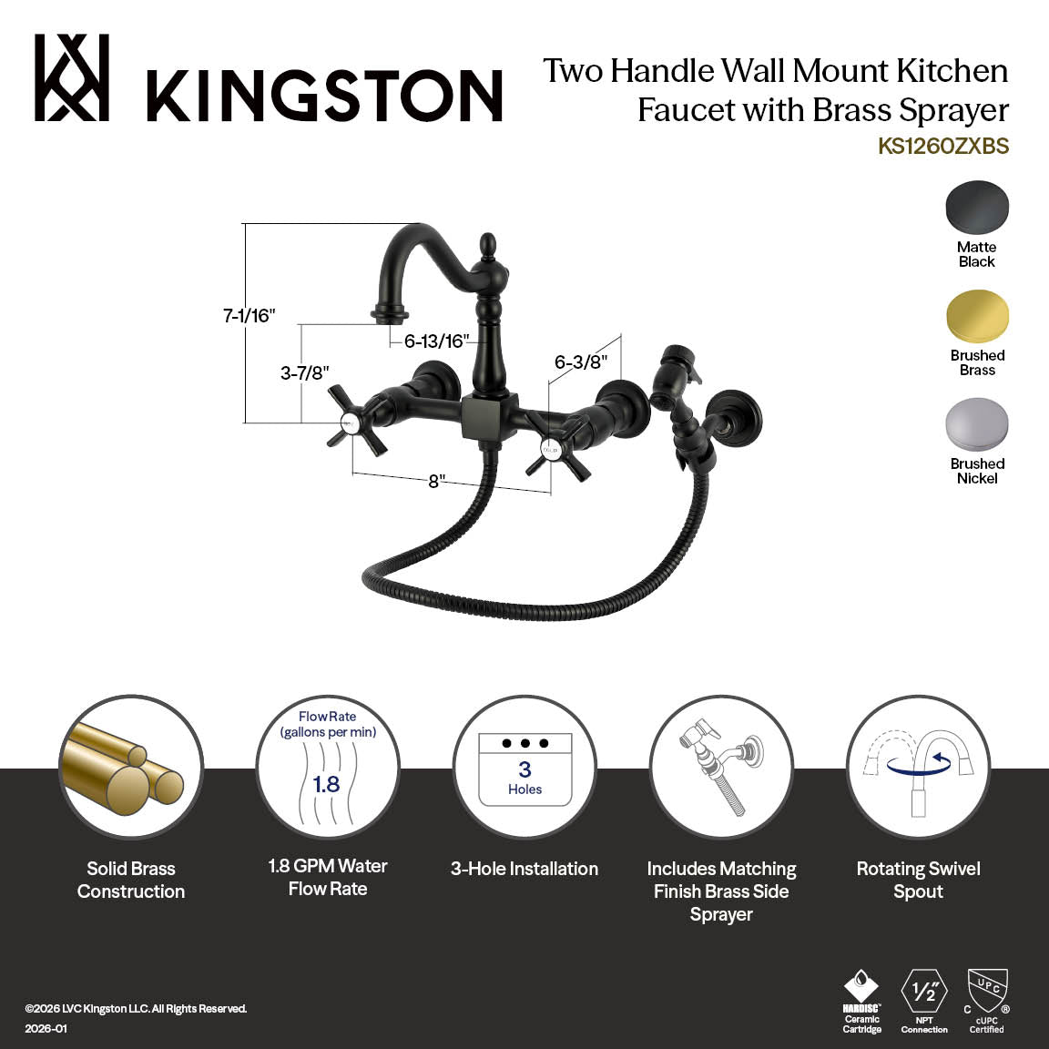 Kingston Heirloom KS1267ZXBS - Millennium Two-Handle 3-Hole Wall Mount Bridge Kitchen Faucet with Brass Sprayer, Brushed Brass — thumbnail 2